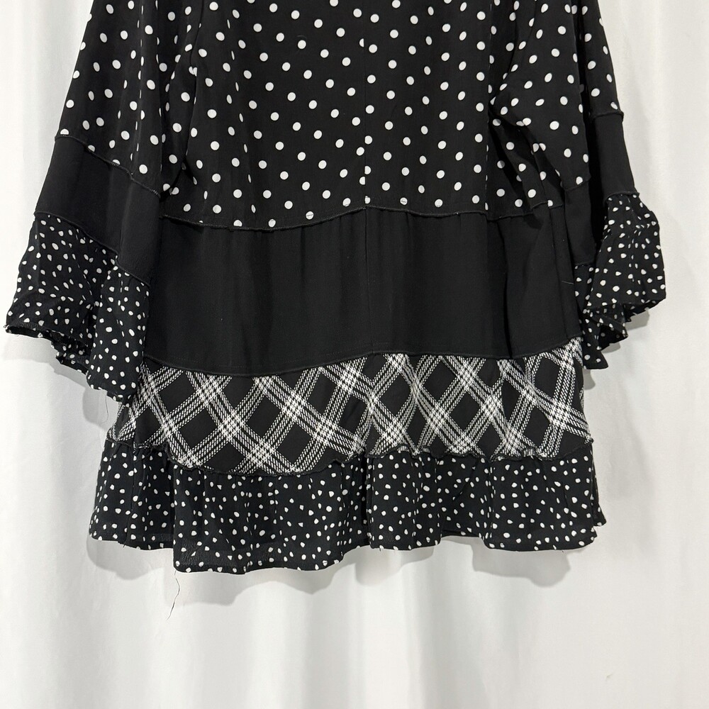 Caleooa Mixed Print Tunic Blouse Sz PL Black White Polka Dot Plaid Tiered Ruffle - Picture 8 of 11